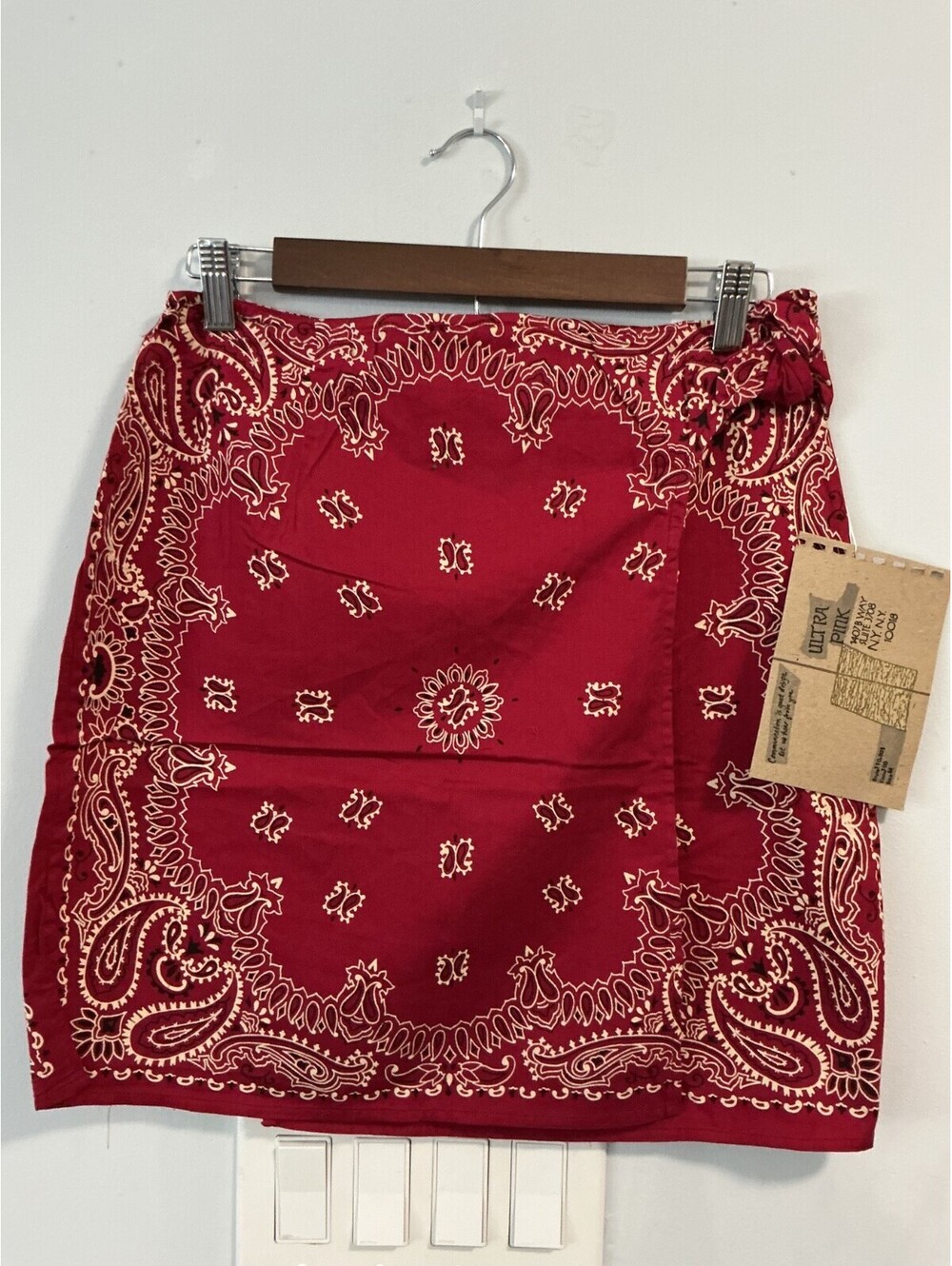 Ultra Pink Size Medium Vintage Womens Boho Red Bandana Wrap Mini Skirt  #206